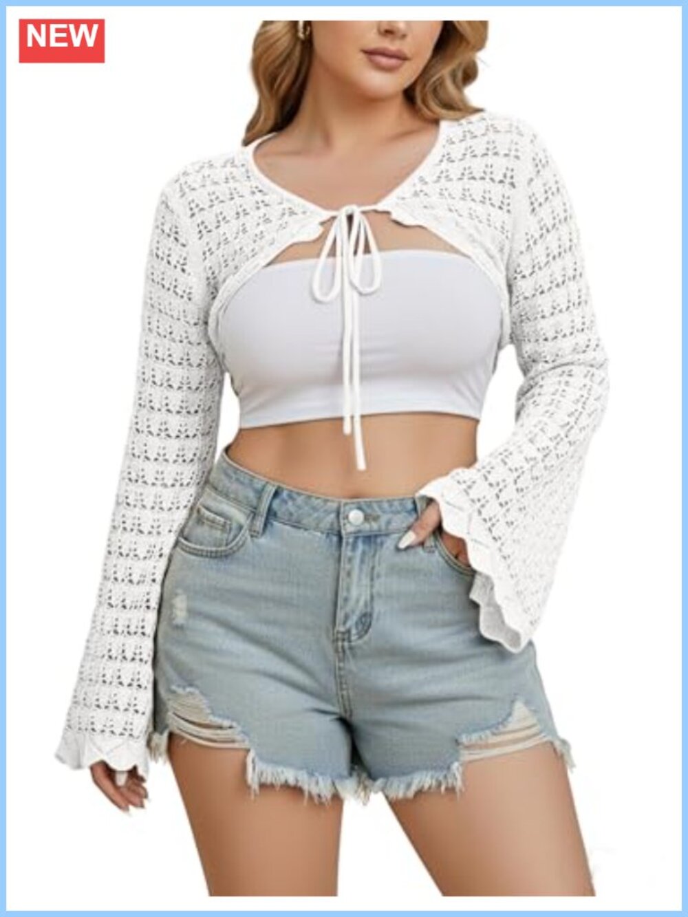 Plus Size Crochet Shrug Long Sleeve Bolero Cardigan Tie Front